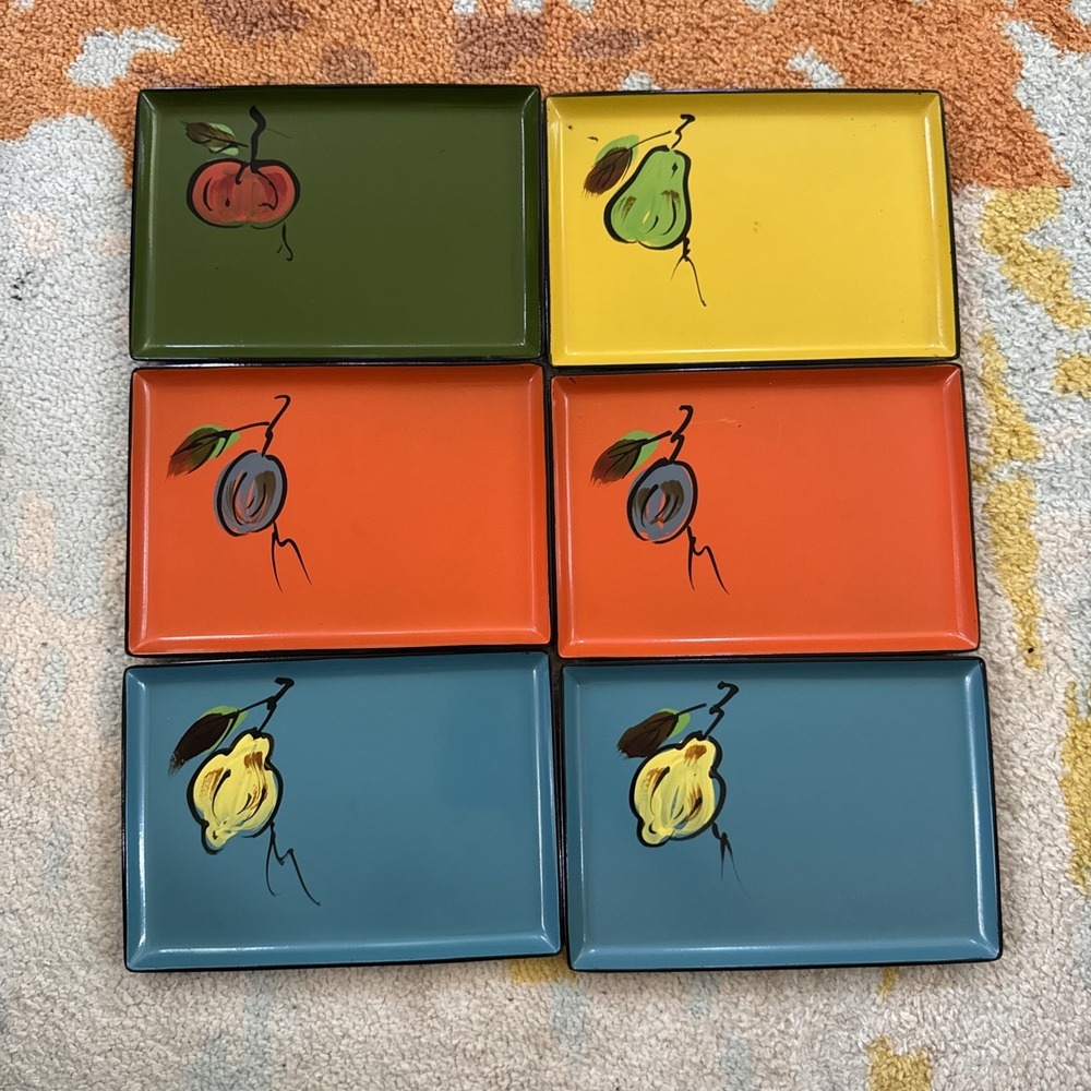 Vintage Davar Plastic Canape 6pc Set Fruit Design Plates Trays 1965 MCM